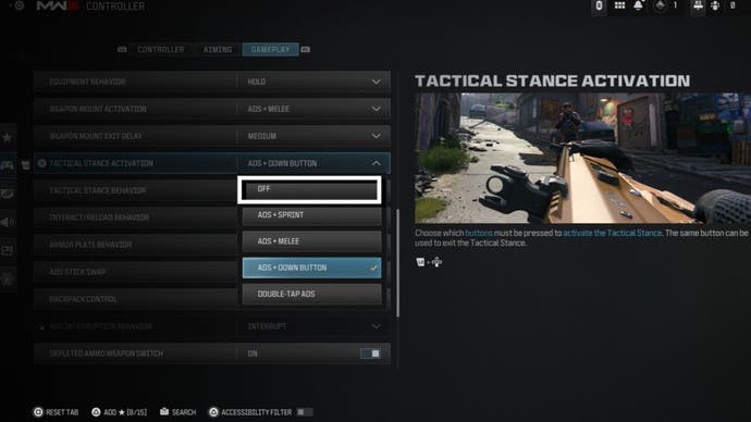mw3 tactical stance behaviour options gameplay menu off option highlighted