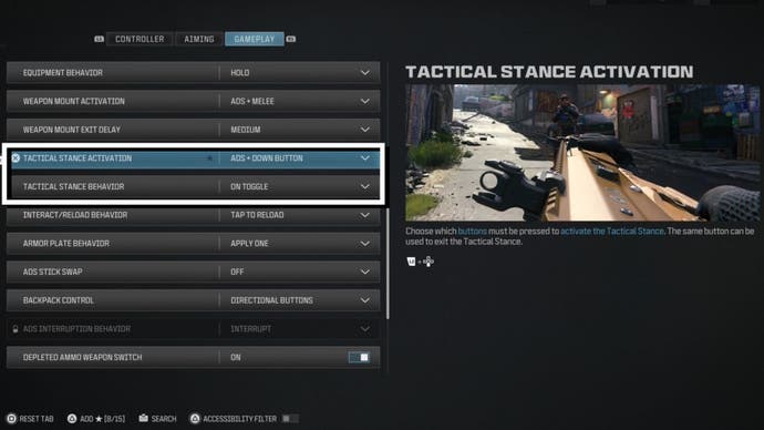 mw3 tactical stance options highlighted in gameplay settings menu
