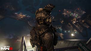 Simon 'Ghost' Riley stands atop a platform while looking behind him in MW3
