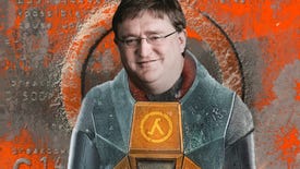 Gordon Freeman standing in front of a Half-Life backdrop, but with the face of Gabe Newell.