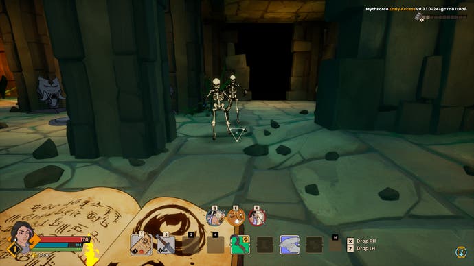 MythForce preview - in a tomb-like area, two cartoon skeletons run at the player, who has a magic tome equipped ready to use spells.