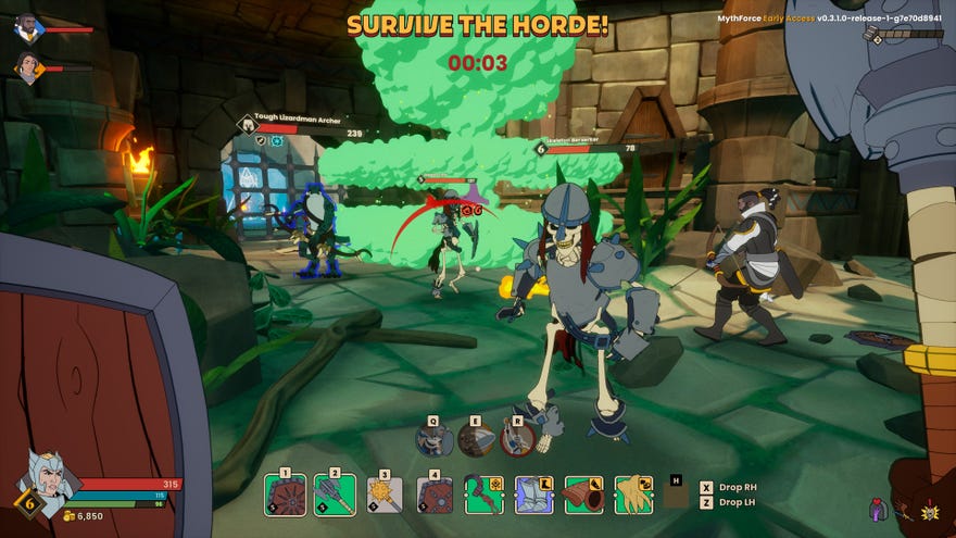 Fighting cartoon skeletons in a Mythforce screenshot.