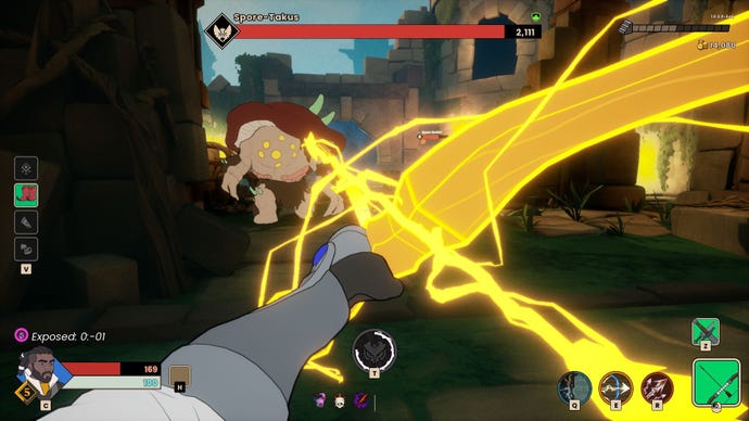 The player fires a golden bow at a monster in Mythforce