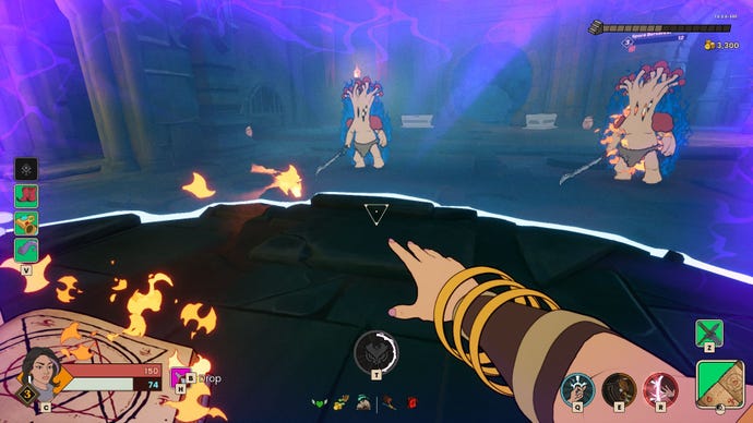 The player chucks fire at two spore warriors inside a barrier in Mythforce