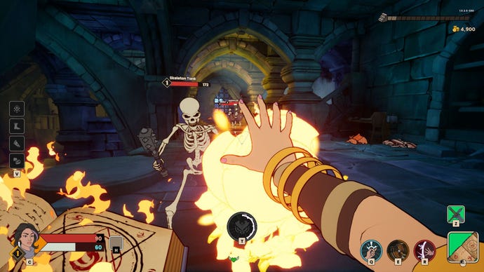 The player fires a fireball at a skeleton in Mythforce