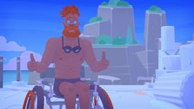 A screenshot of Mythwrecked: Ambrosia Island showing Hephaestus, God Of Invention, sat in swim trunks on a wheelchair by the sea.