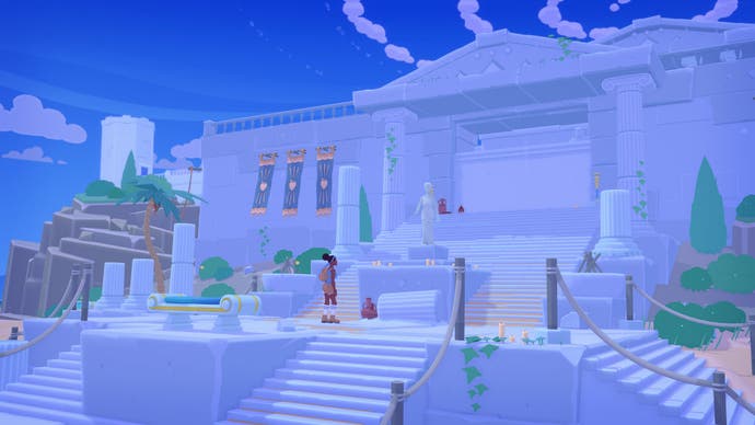 Mythwrecked: Ambrosia Island screenshot showing protagonist Alex in front of an ancient Greek temple