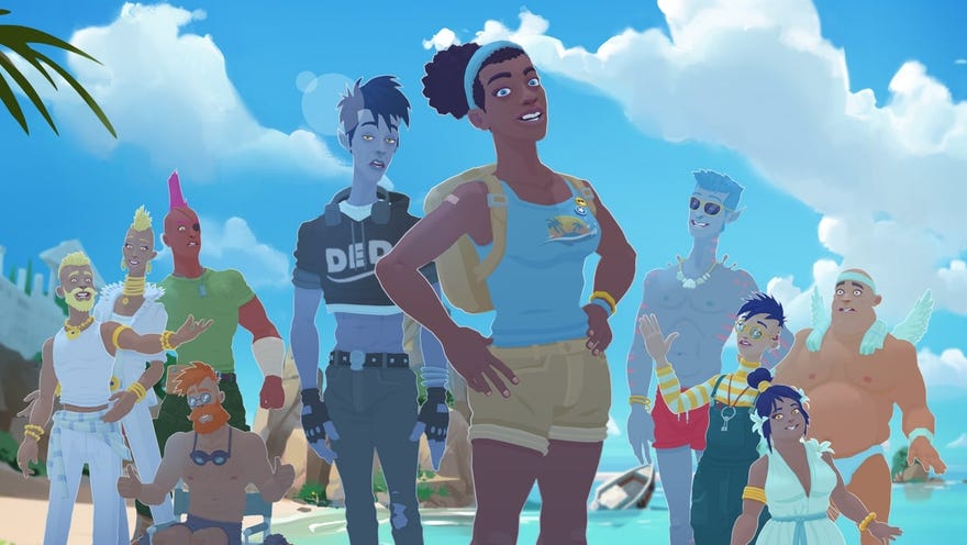 A group of cartoon Greek gods stand in front of a sunny island in Mythwrecked