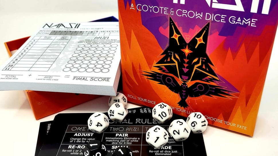 Box art and components of Naasii: A Coyote & Crow dice game.