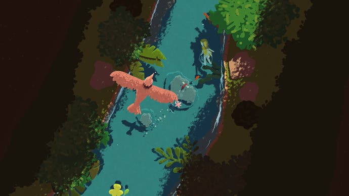 The impressionistic Naiad. A top-down view of a mermaid-like character swimming on their back up a stream, with trees and shrubs on either side, and a bird interfering in our view from above. Warm, pastel colours make the image very pleasing on the eye.
