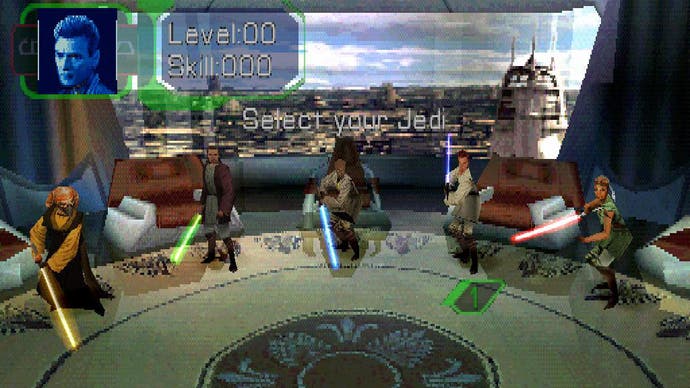 La pantalla de selección de personaje del videojuego Jedi Power Battles