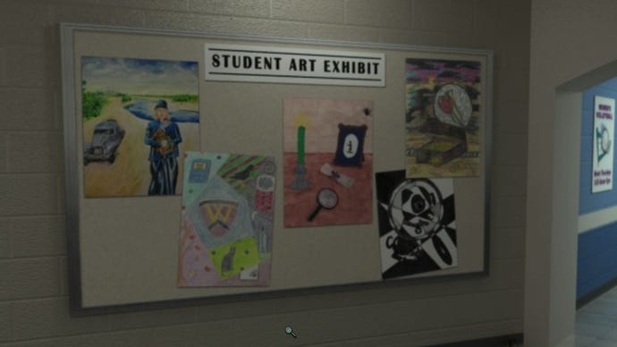 A display of student art in the school in Nancy Drew: Secrets Can Kill Remastered