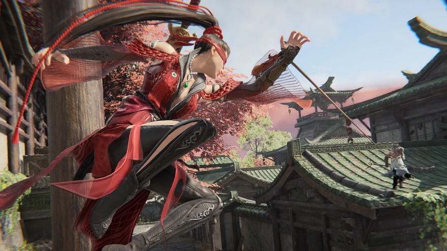 A screenshot from Naraka: Bladepoint which shows a ninja sling her grappling hook onto an unsuspecting enemy.