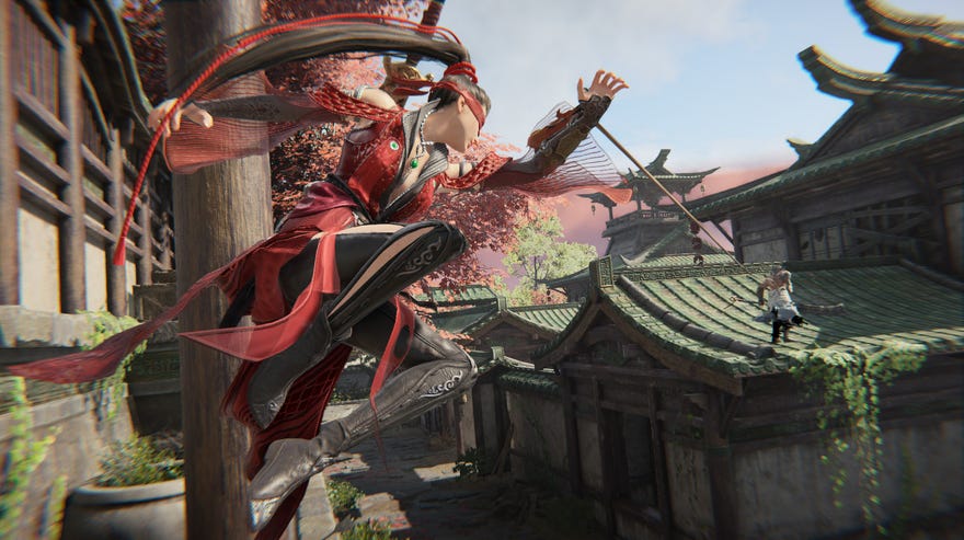 A woman with a grappling hook launches onto an enemy on a rooftop in a Naraka: Bladepoint screenshot.