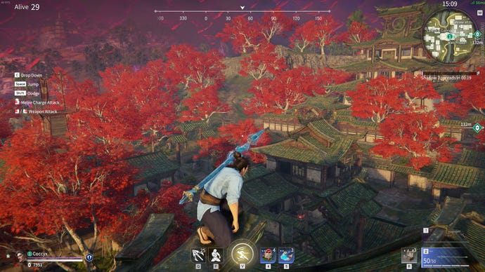 A man crouches on a rooftop in an autumnal village in Naraka: Bladepoint
