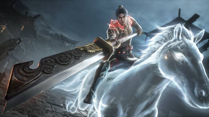 Tsukiyama rides a horse in Naraka, wielding the Choji Sword: Blade