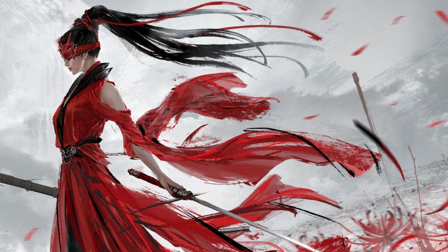 Artwork of a female fighter in red robes from Naraka: Bladepoint