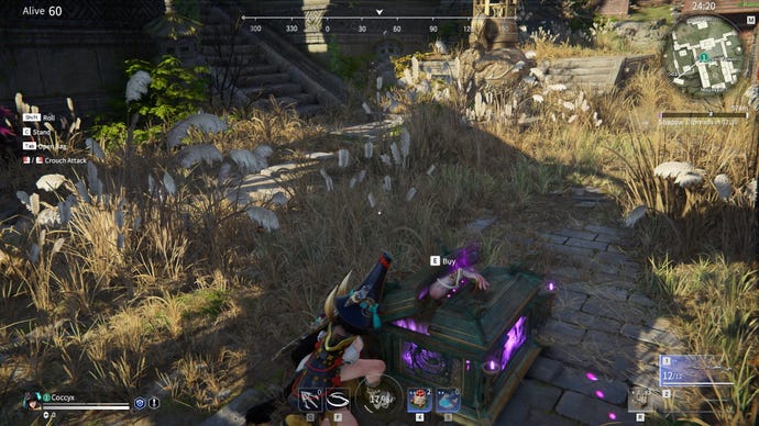 A woman crouches next to a shop manned by a severed hand in Naraka: Bladepoint
