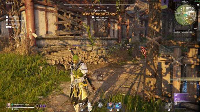 A green-skinned warrior runs through a village in Naraka: Bladepoint