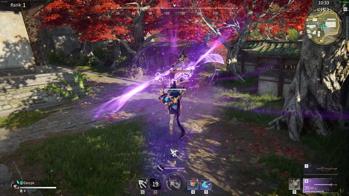 A character unleashes their ultimate attack in Naraka Bladepoint, causing big purple slashes to fire at the other player