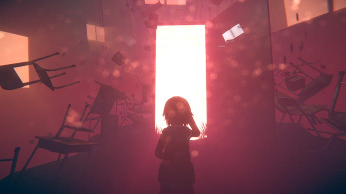 Young girl, Narin, can be seen looking into a bright doorway in Narin: The Orange Room.
