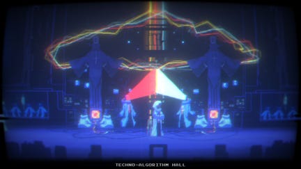 Narita boy stands in a hall where faintly transparent, tall, hooded figures stand or sit beneath two tall statues. Two of the figures are shooting a red and white light from their faces, meeting in the middle. RGB lights crackle overhead. It is deeply retro and deeply weird.