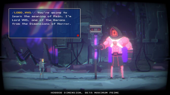 Narita Boy stands before Lord VHS, a video staff-wielding strong man with a flashy purple cape