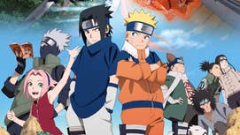 Naruto and Sasuke are posed next to one another, scowling at each other, Sakura and Kakashi next to them, as well as various other students.