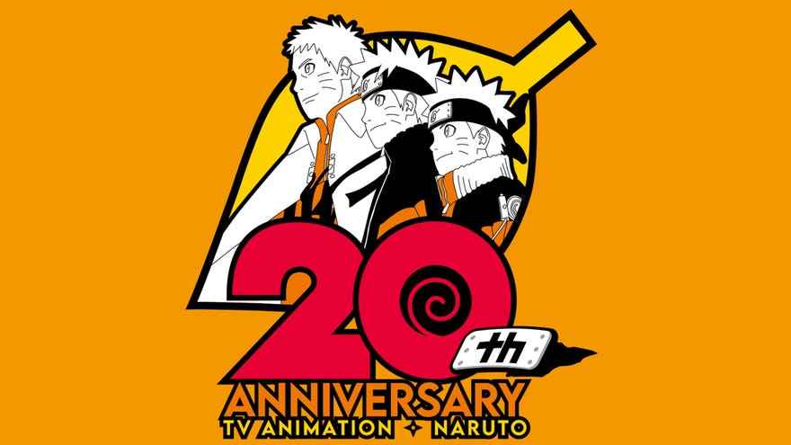 Artwork celebrating the Naruto 20th anniversary showing a black and white outline of Naruto characters against an orange background.