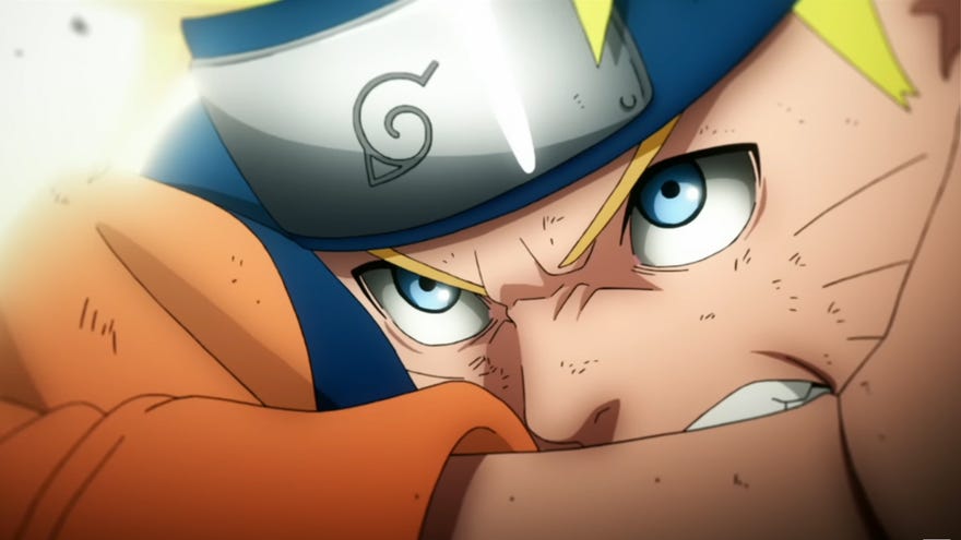 Image taken from popular anime Naruto showing the main character with an intense look on his face mid way through an action scene.