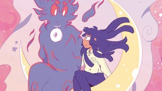 Pastel toned illustration of a girl and a large purple djinn sitting on a crescent moon, smiling at each other