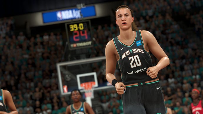 Eine Nahaufnahme eines Basketballspielers im NBA 2K24-Gameplay