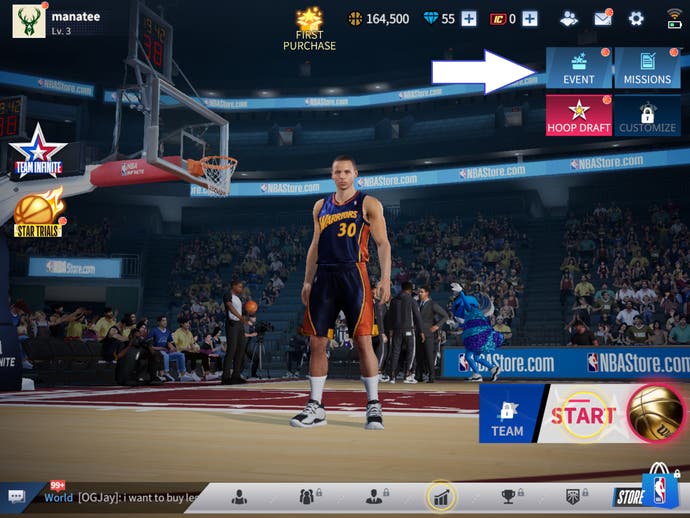 A screenshot from NBA Infinite showing the in-game events button.