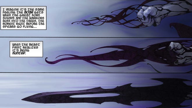 Three comic panels depicting the Necrosword connecting to Gorr's arm