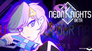 Artwork for Roblox game Neon Knights showing an anime character holding a futuristic gun.