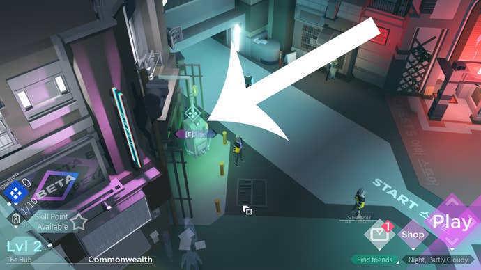 Arrow pointing at the Mo-Co machine players need to interact with to redeem a code in Neon Knights.
