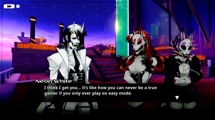 Neon White tells Neon Red and Neon Violet 'I think I get you... it's like how you can never be a tre gamer if you only ever play on easy mode' in a Neon White screenshot.
