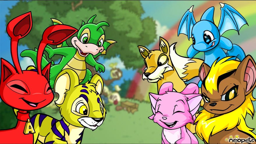 Promotional image of Neopets against a green and rainbow background
