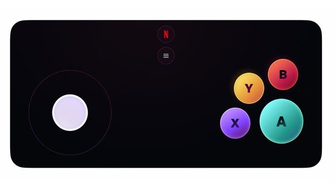 Una schermata del layout del controller virtuale dell'applicazione Netflix Game Controller, con i pulsanti A, B, X, Y sulla destra e uno stick virtuale sulla sinistra.