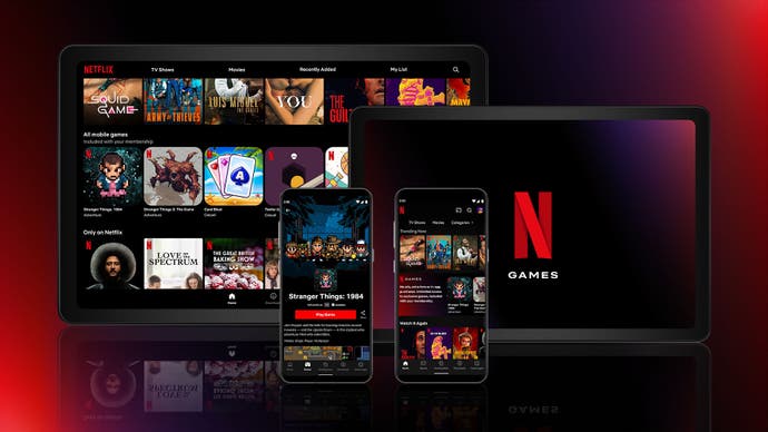 A promotional image for Netflix showing the streaming service displayed on a phone, tablet, and TV screen.
