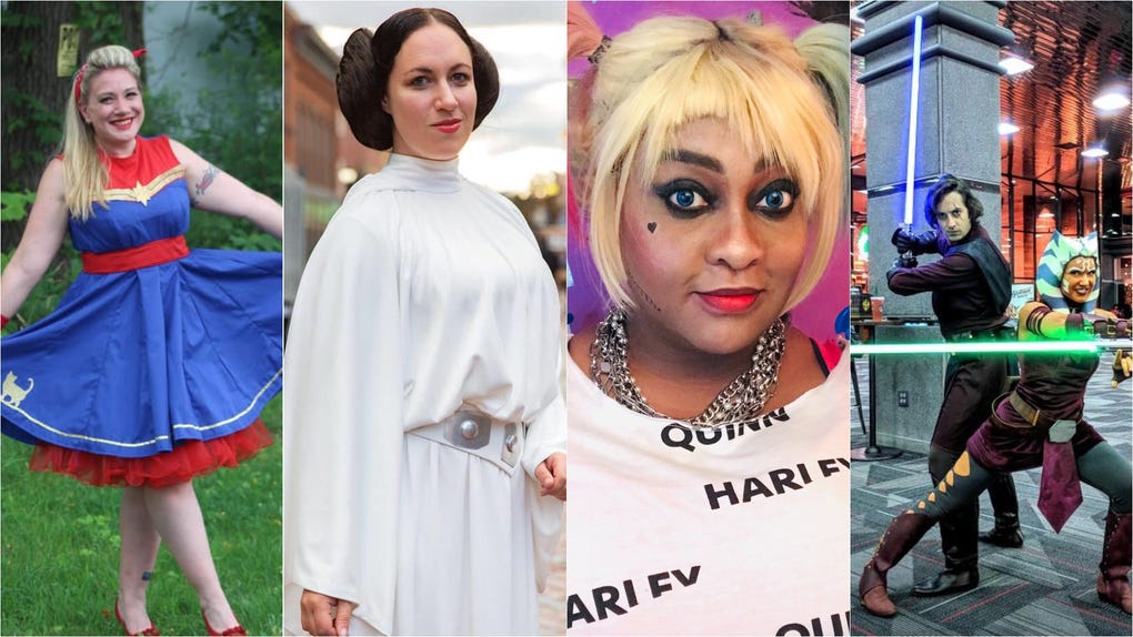 Cosplayers (from left to right): Crisis Cosplay As Captain Marvel, Inevitable Betrayal Cosplay as Leia, Black Bettie Cosplay as Harley Quinn, and Euphoria.BJC/Vexvix as Ahsoka and Anakin.