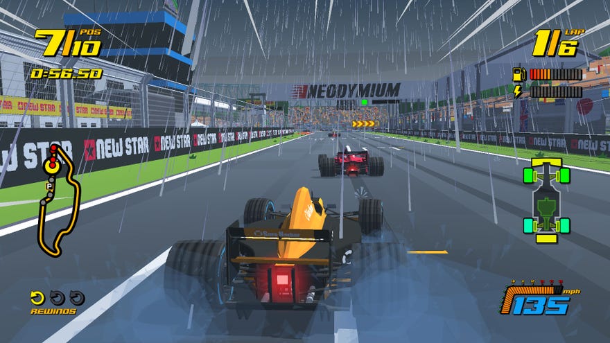 An F1-style car burns rubber on the grid in the rain in arcade racer New Star GP.