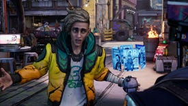Octavio from New Tales From The Borderlands standing on a street arguing with assassin robot LOU13