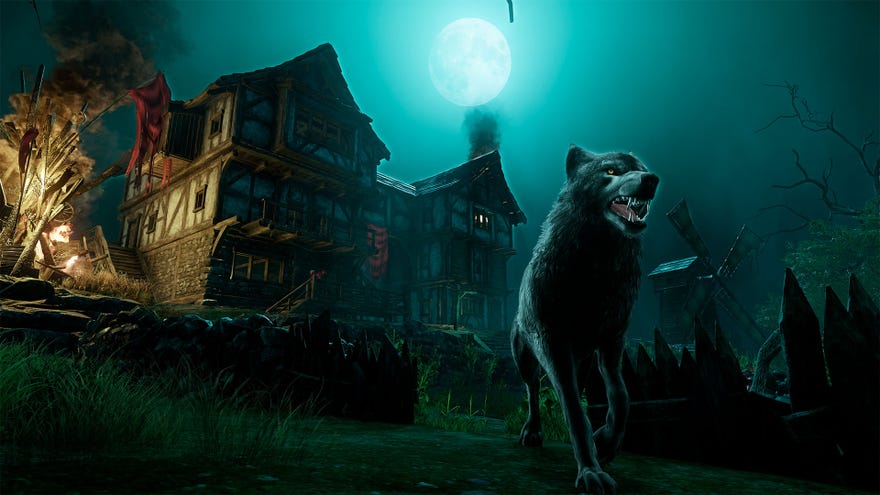 New World: A snarling wolf standing outside a ramshackle house under a full moon.