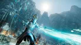 New World: A character in heavy armor shoots out a bright blue beam of ice magic. Behind them is a snowy mountain scene.