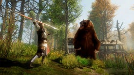 New World: A speared explorer attacks a bear in the woods outside of a fort