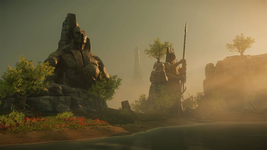New World: A beachfront on Aeternum. Huge statues loom over the rocky shore.