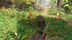 A character in New World encounters a boar in the wild.