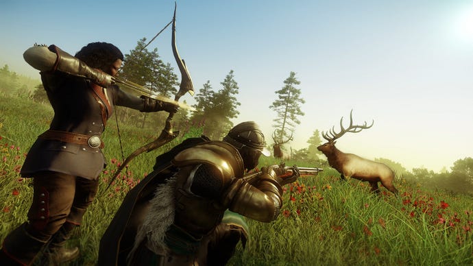 Dois personagens do novo mundo caçando um cervo usando um arco e um mosquete