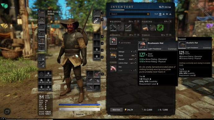 An image from New World which shows the character customisation menu, with armour and weapon slots, stats, and inventory management on display.